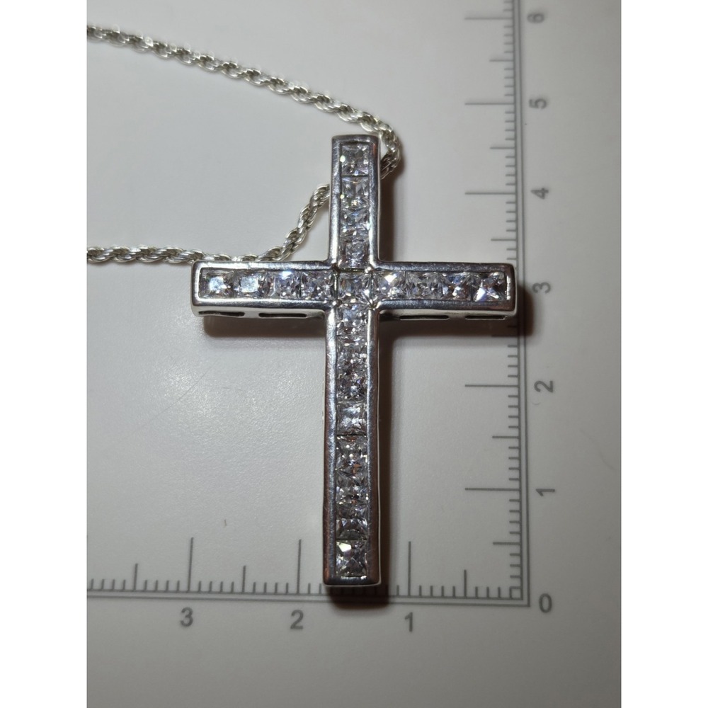 Large Vintage Sterling Silver Cross CZ Sterling 20" Italian Rope Chain 925 - Picture 3 of 5